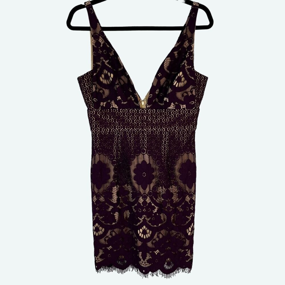 Minuet Deep V-Neck‎ Plumb Purple Lace Overlay Sleeveless Mini Dress Medium NWT